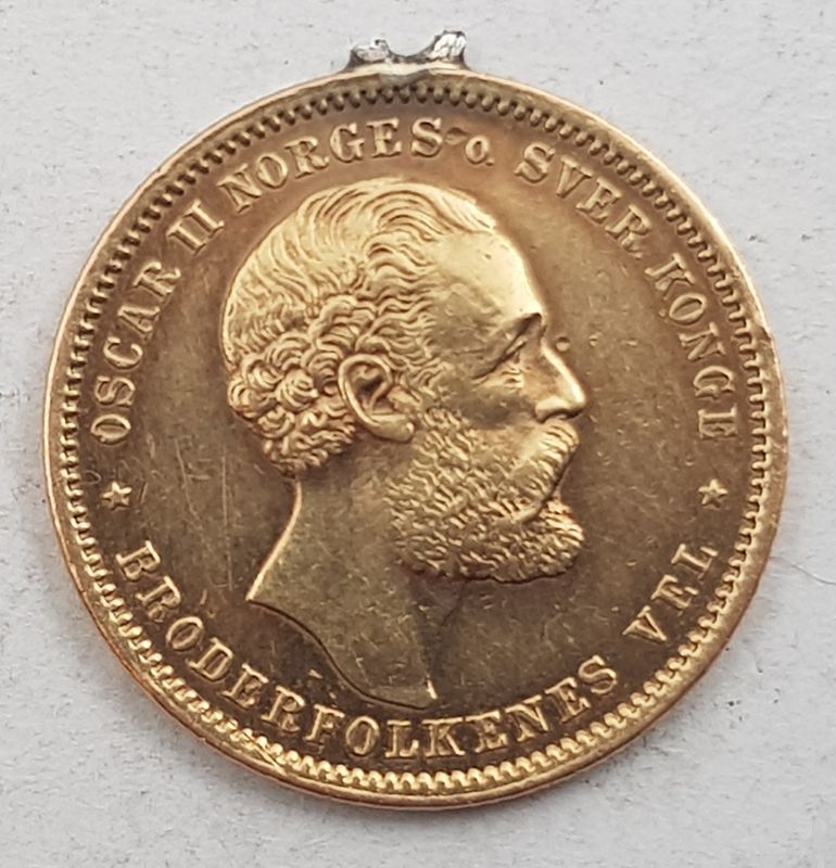 20 kr/5 sp. 1875 kv. 1+ med anhengsspor på randen