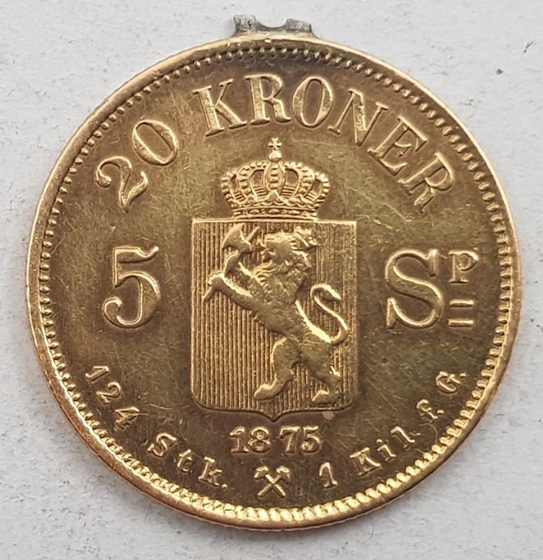 20 kr/5 sp. 1875 kv. 1+ med anhengsspor på randen