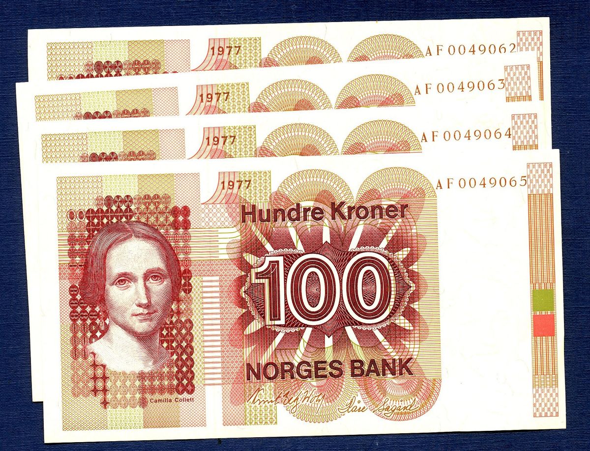 100 kr 1977 AF - 4 stk i serie kv. 0 - 0/01
